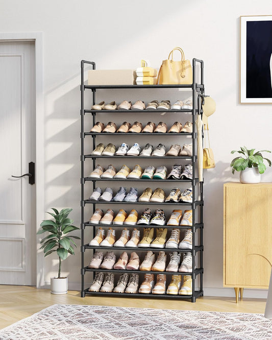 Shoe Rack for Closet - 10-Tier Shoe Organizer with Hook Rack, Large-Capacity & Space-Saving Shoe Shelf for Entryway, Bedroom, Living Room,32.2" X 11.8" X 68.5", Black