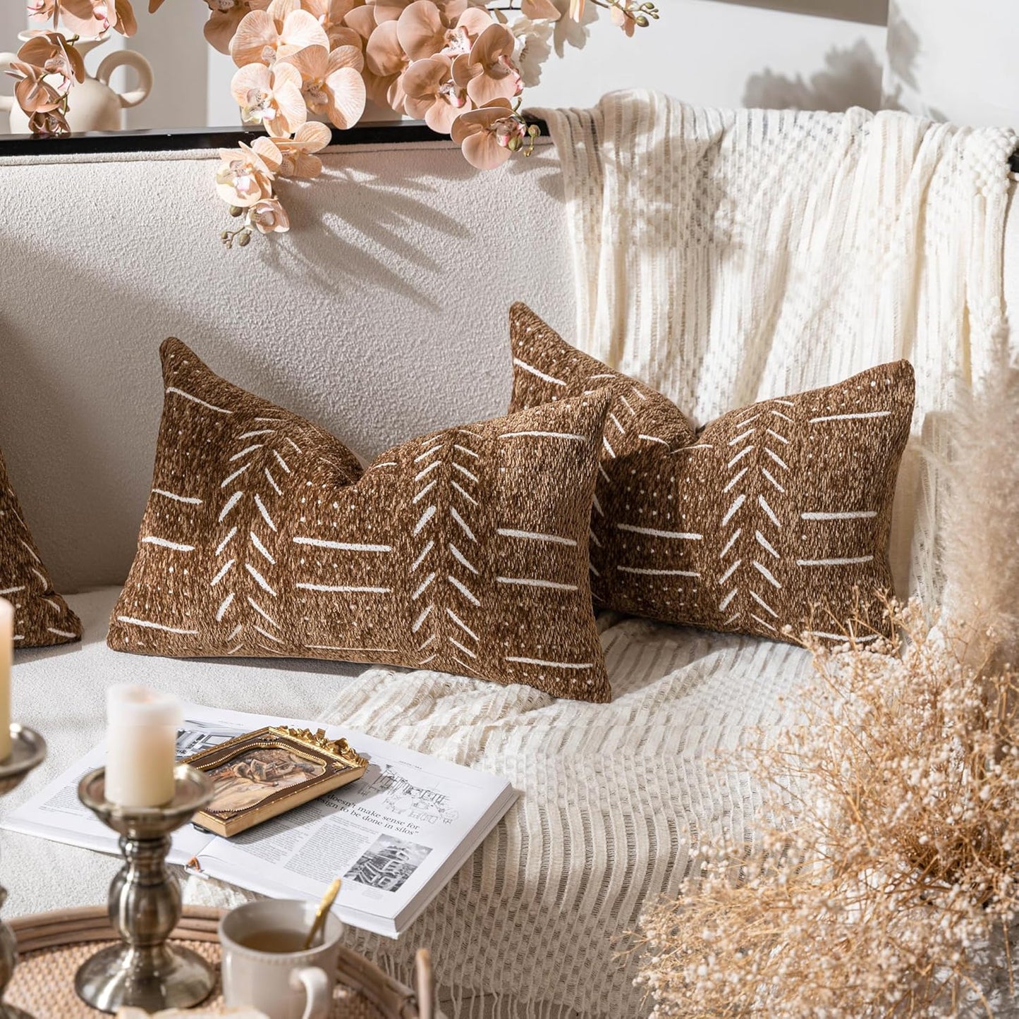 Fall Brown Decorative Lumbar Throw Pillow Covers 12X20, Set of 2, Boho Farmhouse Cushion Cover, Soft Accent Pillowcase for Couch Sofa Bed Living Room Home Décor