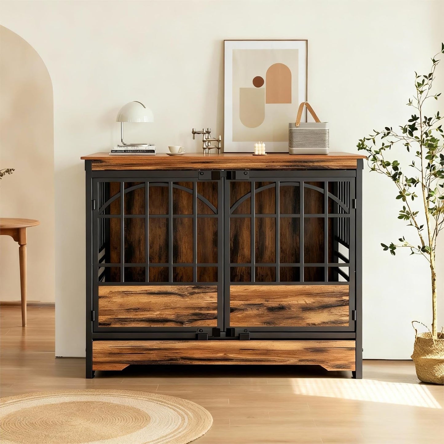 52 Inch Dog Crate Furniture, Extra Large Dog Kennel Indoor for Xlarge Breed, Heavy Duty Dog Cage with Double Elegant Arched Doors, Decorate as TV Stand & End Table (Cognac Brown)