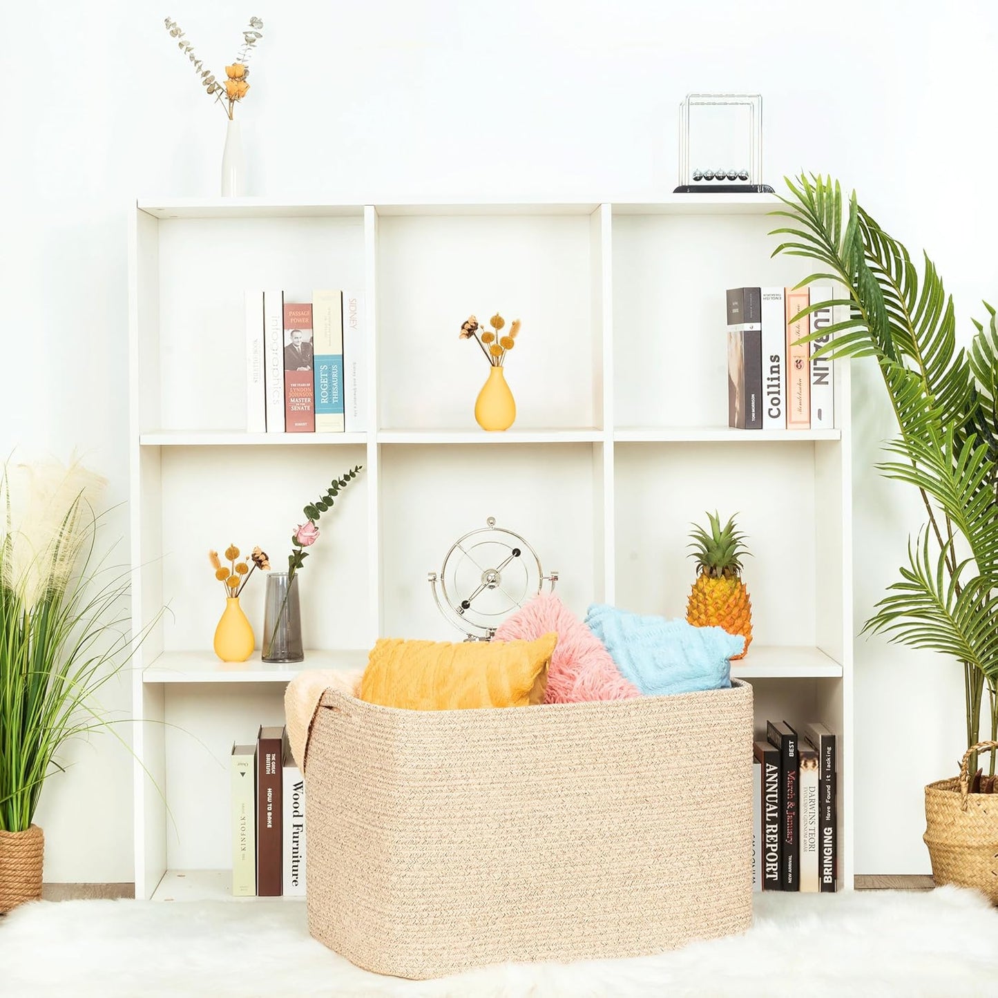 112L Extra Large Blanket Basket Holder Living Room, 25"X17"X16" Rectangle Rope Woven Storage Basket with Handles for Laundry, Towels, Shoes, Dog Toy Organizer Bin Box, Oatmeal Brown