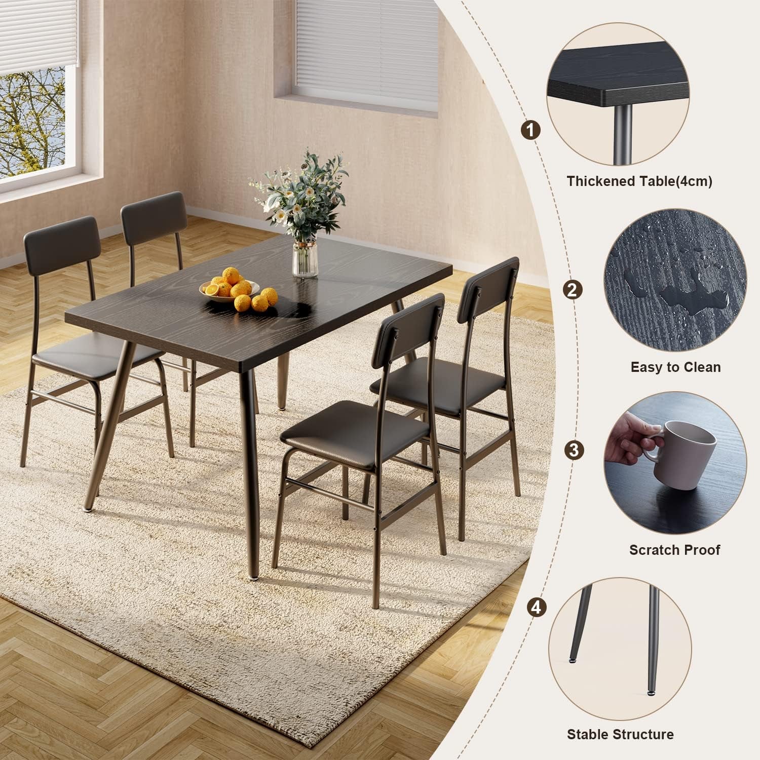 5 Piece Dining Table Set for 4, Modern Metal & Wood Kitchen Dinner Table with 4 Chairs, Space-Saving Dining Room Furniture Table & Chair Sets for Small Spaces & Apartment, Black