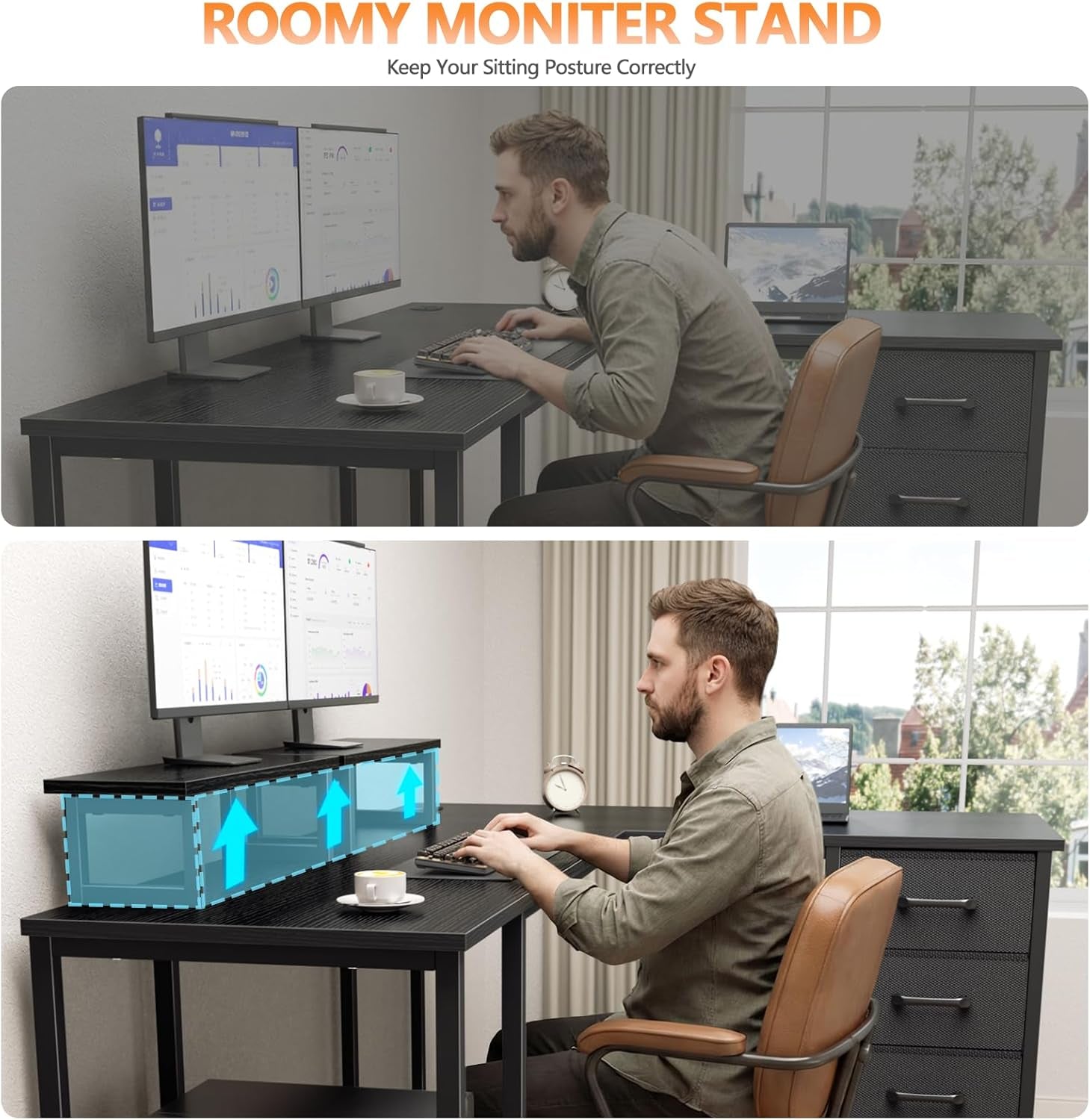 59 Inch L Shaped Computer Desk with Power Outlets, Home Office Desk with 4 Adjustable Storage Drawers & 2 Monitor Stands, Two Person Gaming Table for Bedroom, Black