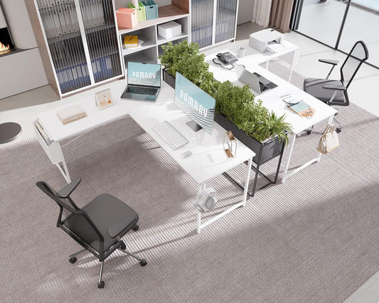 64.5 Inch Reversible L Shaped Gaming Desk Large Corner Computer Desk with Storage Bag Home Office Table for Writing Study White
