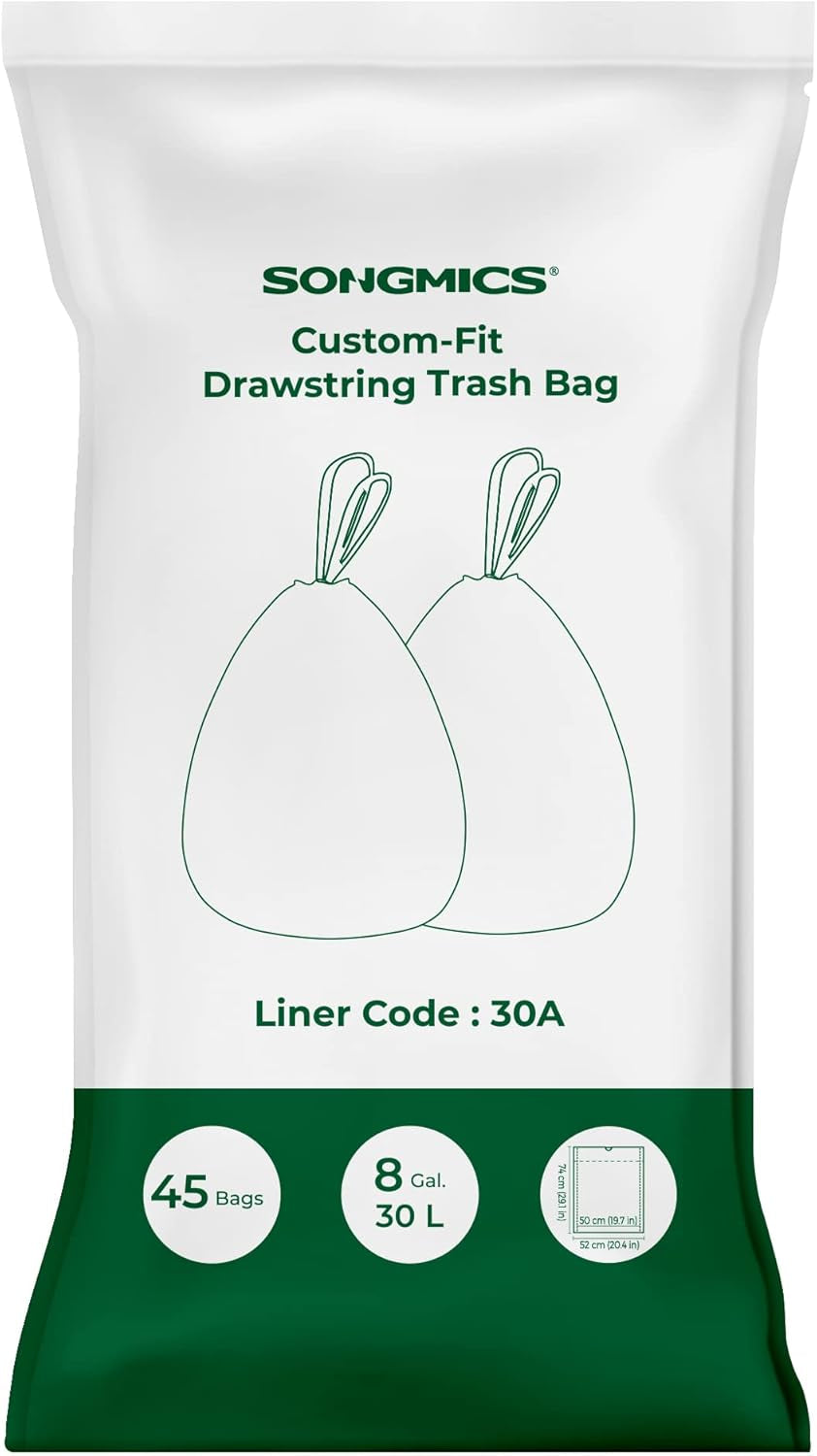 Trash Bags for 8-Gallon (30 L) Trash Cans, Drawstring Kitchen Garbage Bags, Pre-Separated, Liner Code 30A, 1 Roll, 45 Count, White UKRB30A