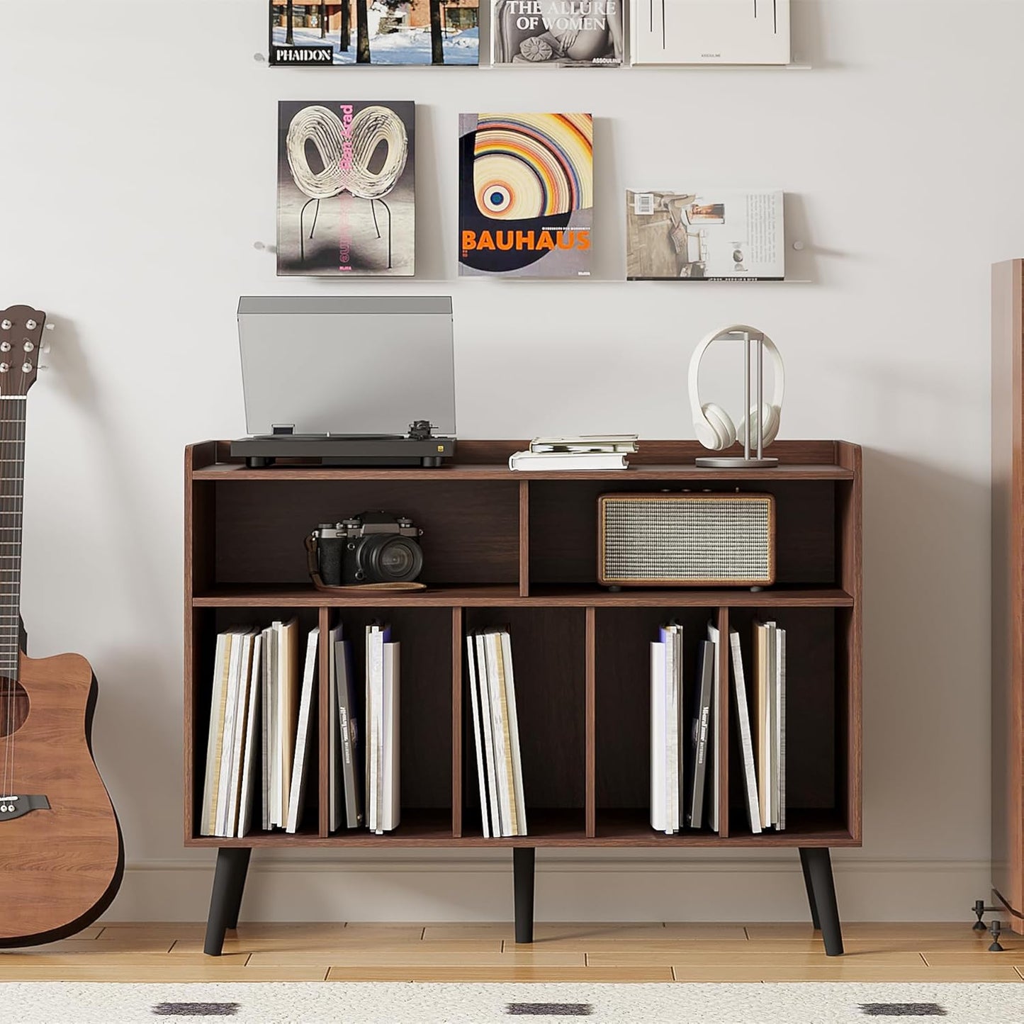 Record Player Stand, Turntable Stand with Vinyl Storage, Record Player Cabinet up to 350 Albums, Cube Storage Organizer for Living Room, Walnut