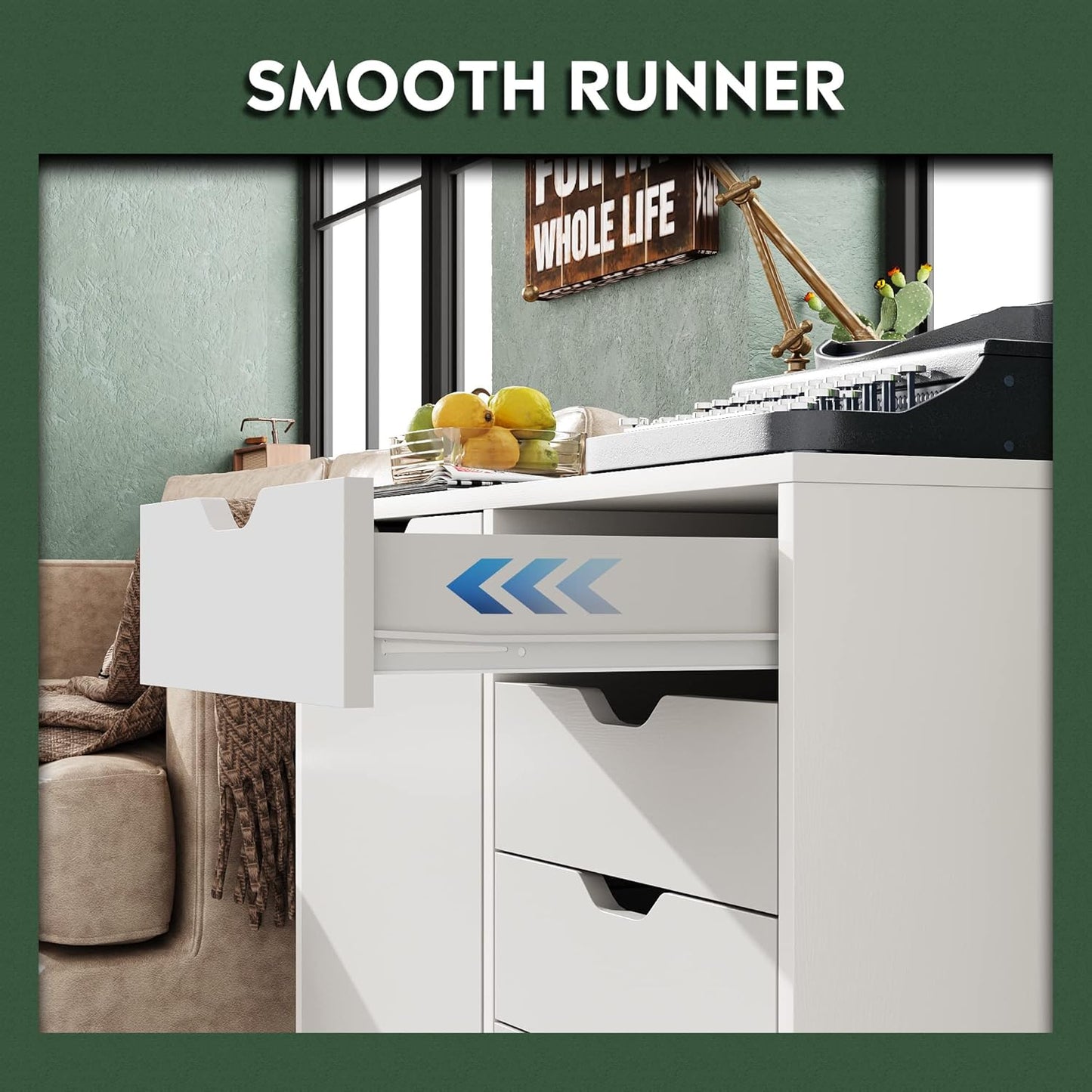 5-Drawer Wood Drawer Cabinet, Office Storage Cabinet with Adjustable Shelf & Wheels, Printer Stand for Home Office, White