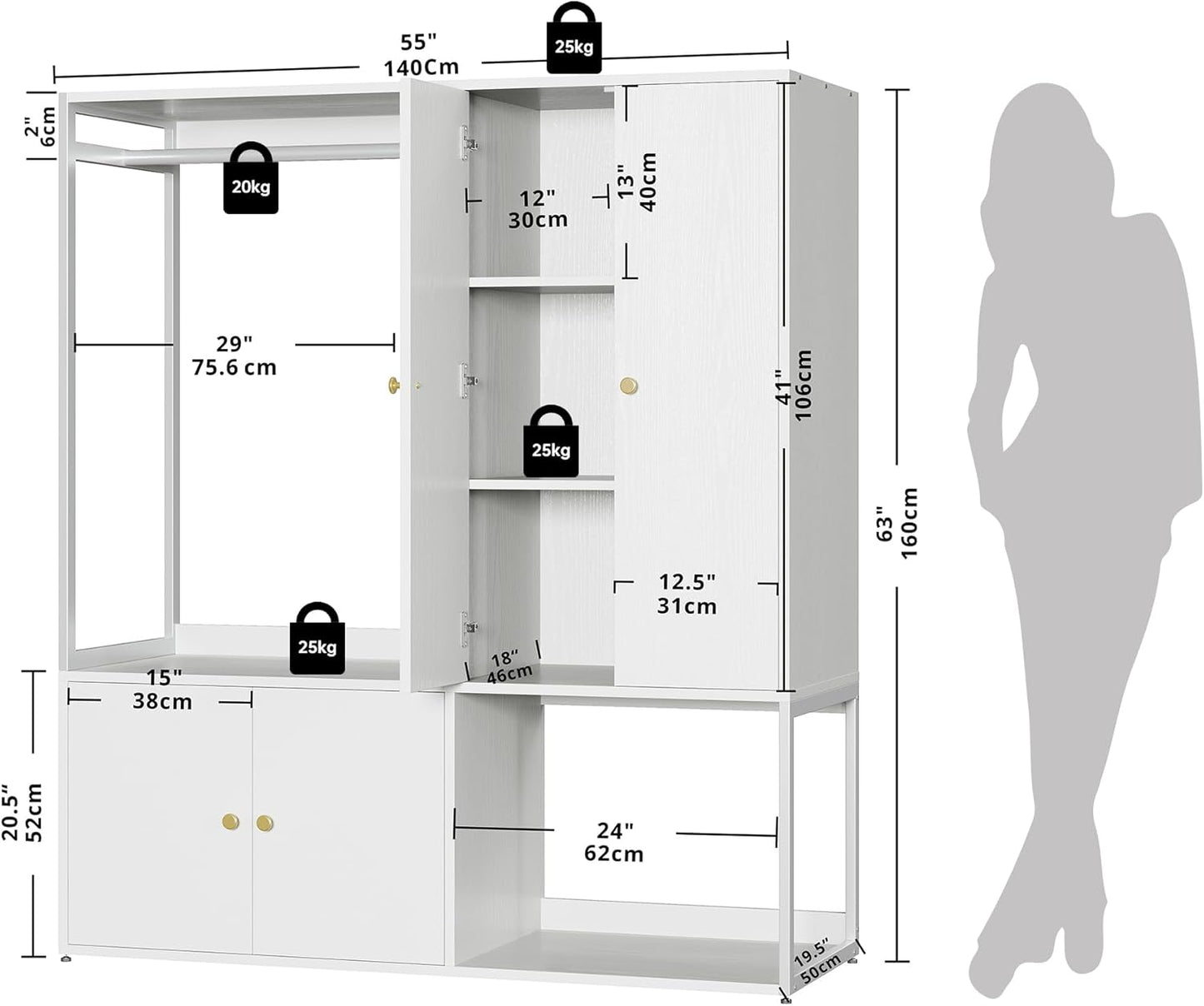 Wardrobe Closet, White Cabinet with Shelves, Large Armoire Clothing Storage with Hanging Rod for Bedroom, Living/Laundry Room