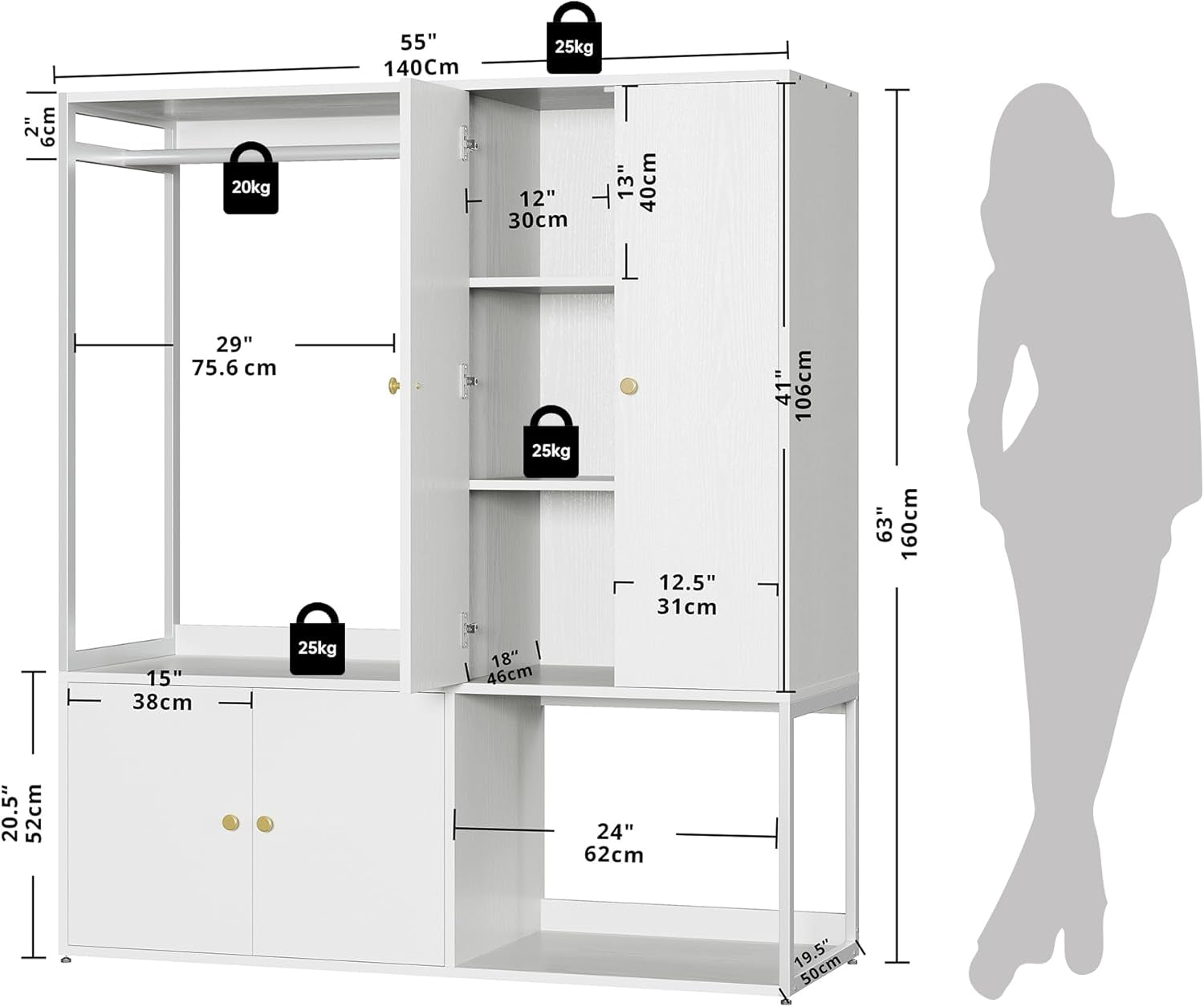Wardrobe Closet, White Cabinet with Shelves, Large Armoire Clothing Storage with Hanging Rod for Bedroom, Living/Laundry Room