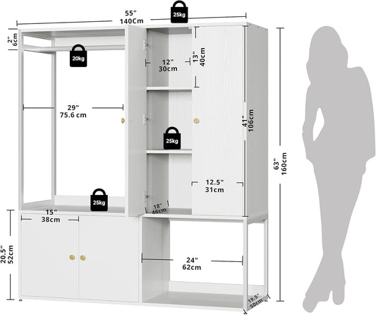 Wardrobe Closet, White Cabinet with Shelves, Large Armoire Clothing Storage with Hanging Rod for Bedroom, Living/Laundry Room