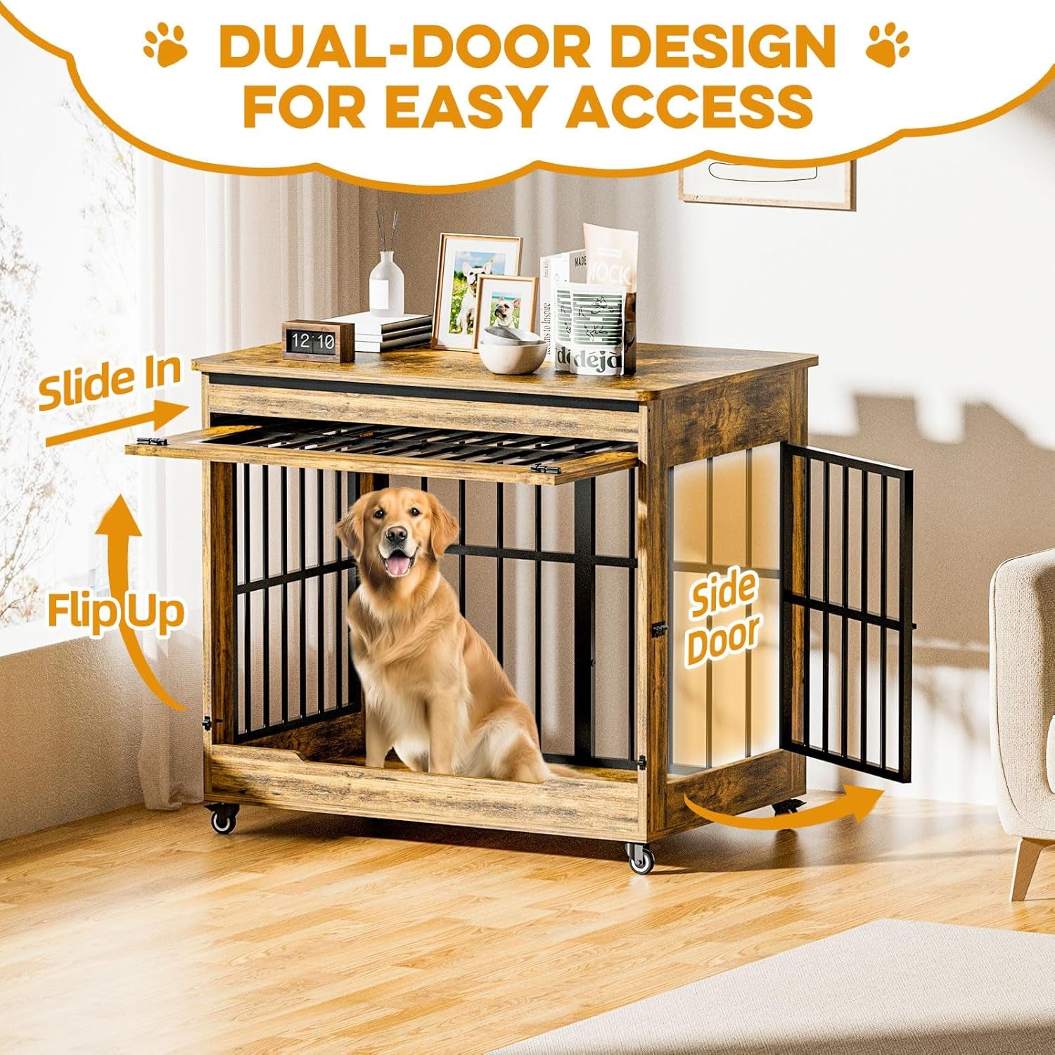 42" Large Dog Crate Furniture, Double Door Wooden Indoor Dog Kennel Furniture, Decorative Pet Cage End Table with Wheels for Large Breed Dogs, Size XL, Rustic Brown