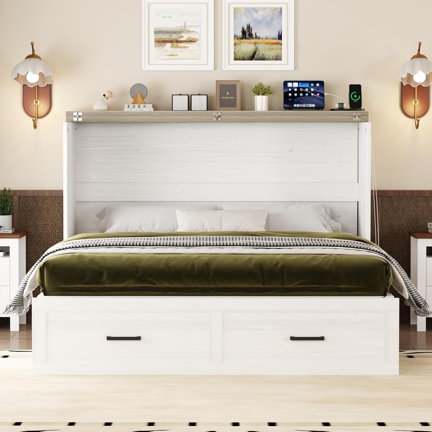 Modern Farmhouse Solid Wood Murphy Cabinet Bed with Charging Station, Foldable Wall Platform Bed with Storage Drawer/No Box Spring Needed/Easy Assemble/Queen, White