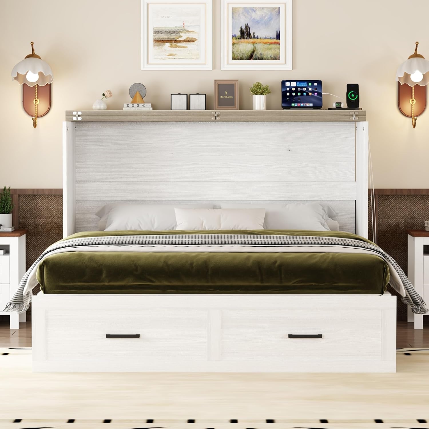 Modern Farmhouse Solid Wood Murphy Cabinet Bed with Charging Station, Foldable Wall Platform Bed with Storage Drawer/No Box Spring Needed/Easy Assemble/Queen, White