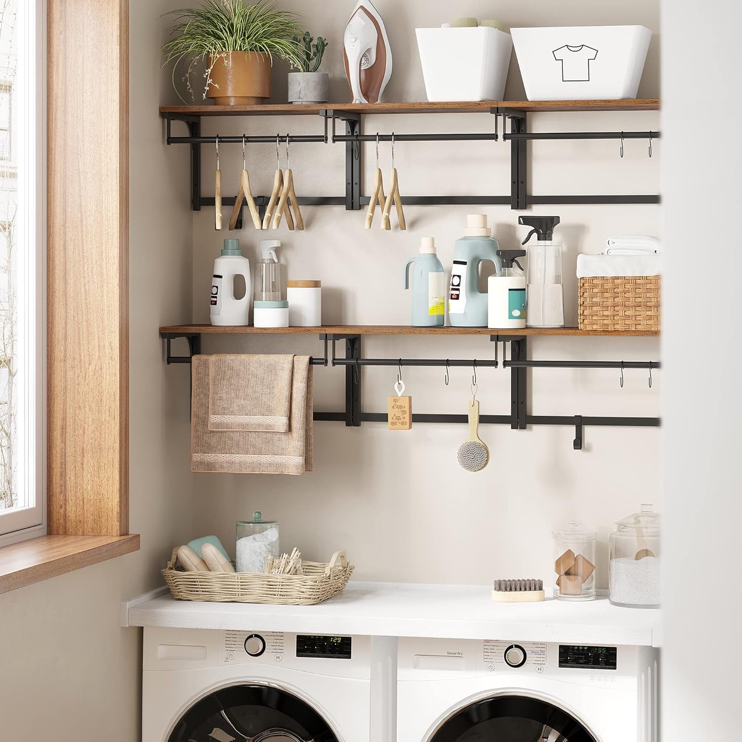 Laundry Room Shelf Wall Mounted, Coat Rack Shelf, with 8 Removable Hooks, for Entryway, Living Room, Kitchen, Bedroom, 15.7 X 9.4 X 9.4 Inches, Rustic Brown and Black ULCR103B01