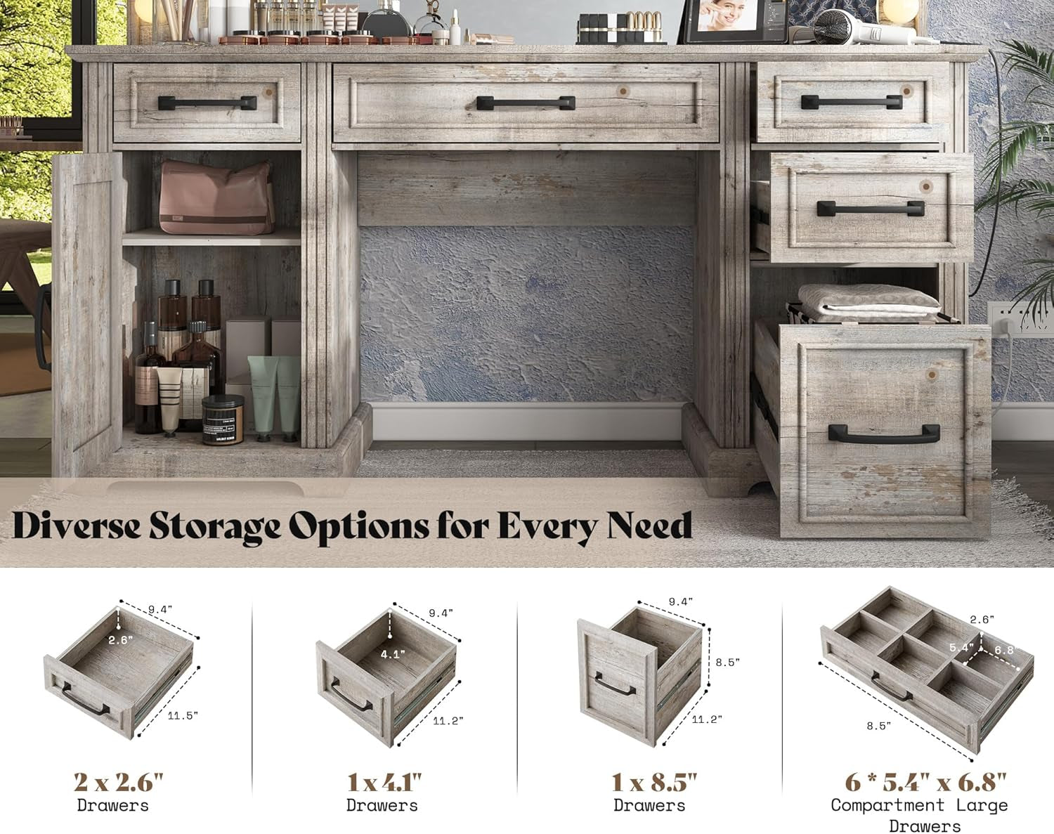 55" W Makeup Vanity with Hollywood Mirror, Glass Top Vanity with 5 Drawers & Charging Station, 10 Detachable Light Bulbs, Adjustable Brightness, Light Oak