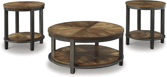 Roybeck Rustic round 3-Piece Table Set, Includes 1 Coffee Table and 2 End Tables with Fixed Shelf, Light Brown