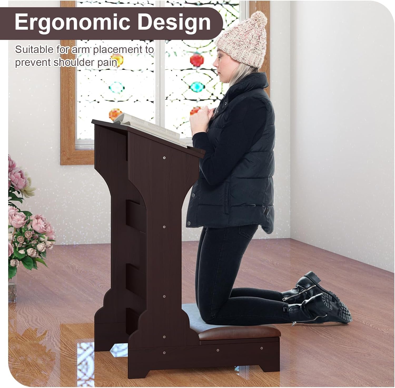 Prayer Bench Kneeler, Wooden Prayer Kneeler for Home, Prayer Bench for Kneeling at Home, Padded Kneeler Shelf for Kneeling at Home, Church Prayer Bench Stool Table with Cushion