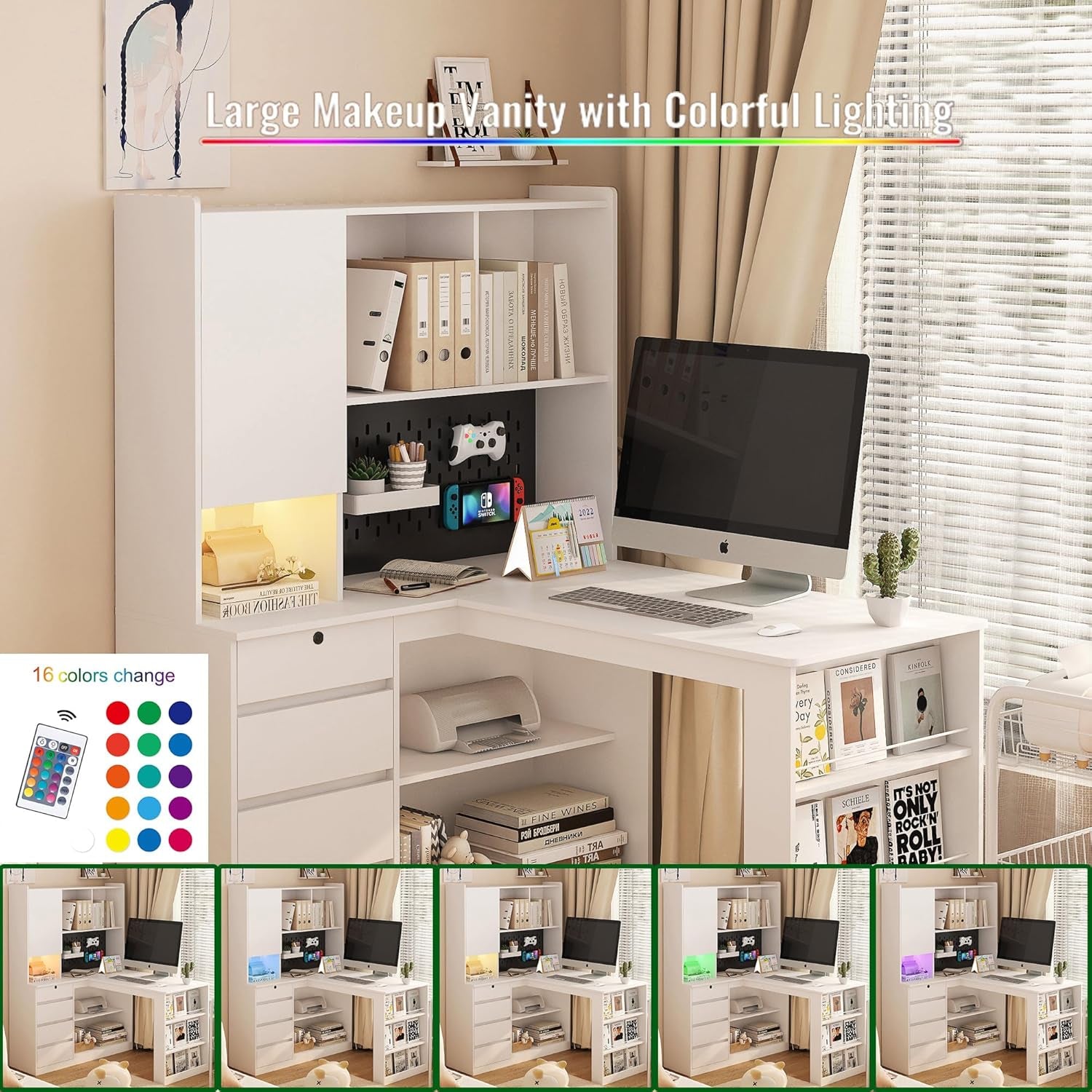 Home Office Desks with Drawers Bookcase,L Shaped Modern Wooden Gaming Computer Table for Work Study Writing,Right Side Corner Desk,White