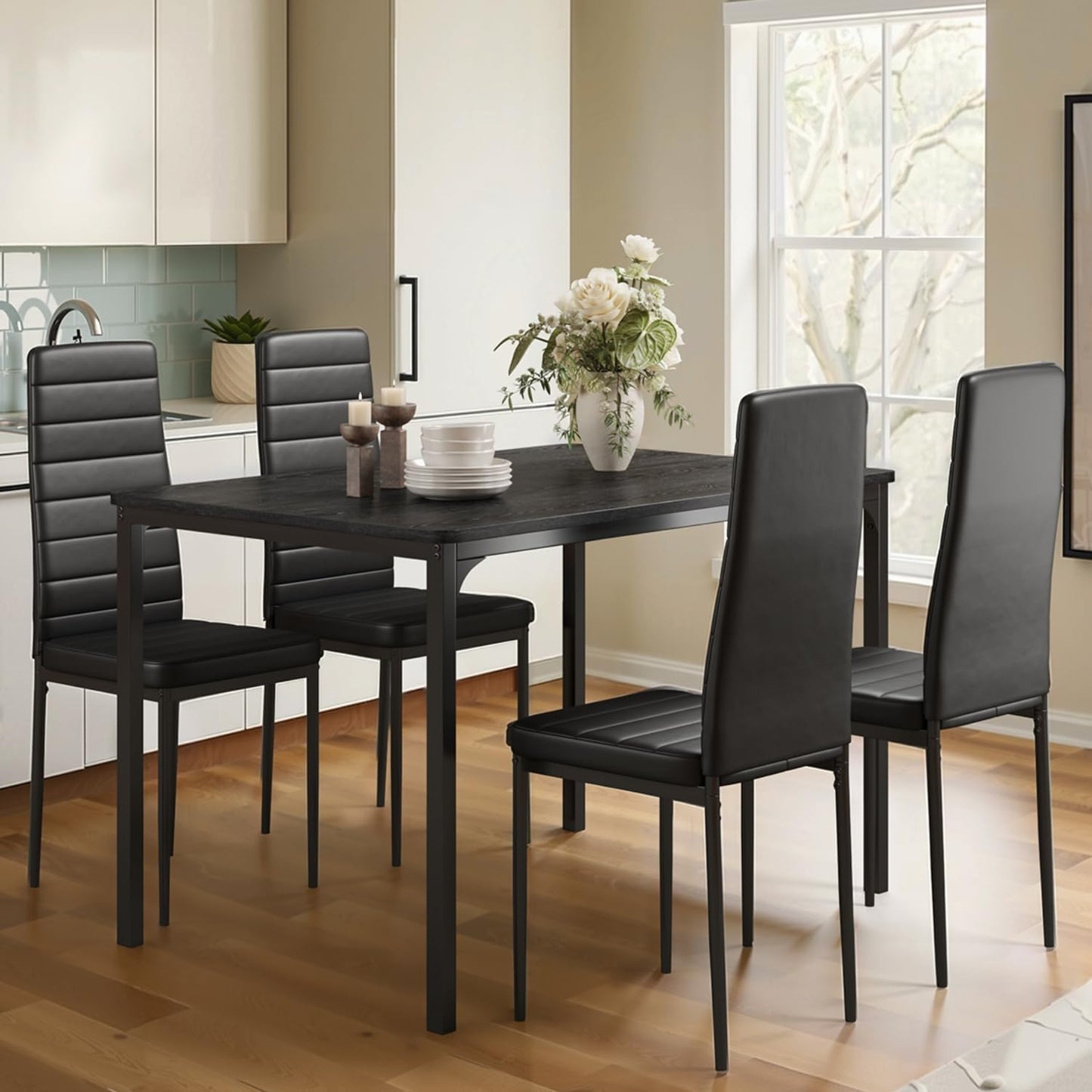 Dining Table Set for 4, Kitchen Table Chairs Set of 4, 5 Piece Kitchen Table Set with 4 Upholstered PU Leather Chairs for Dining Room, Living Room, Apartment, Small Space, Black