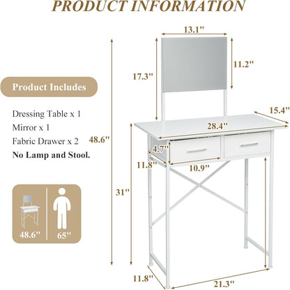 Small Vanity Desk with Mirror and Drawers, White Makeup Vanity Table with Storage, Compact Vanity for Bedroom, Modern Makeup Desk for Girls, Space-Saving Vanity Table