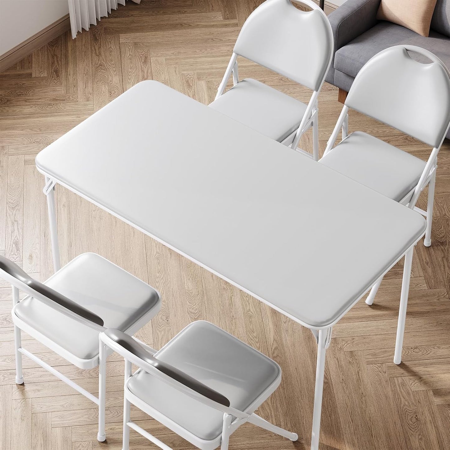 Protable Folding Table and Chairs, 5 Piece Folding Card Table and Chairs Set, Foldable PU Upholstered Table and Chairs Set of 5, for Dining Room, Living Room, Office, Camping, Gray