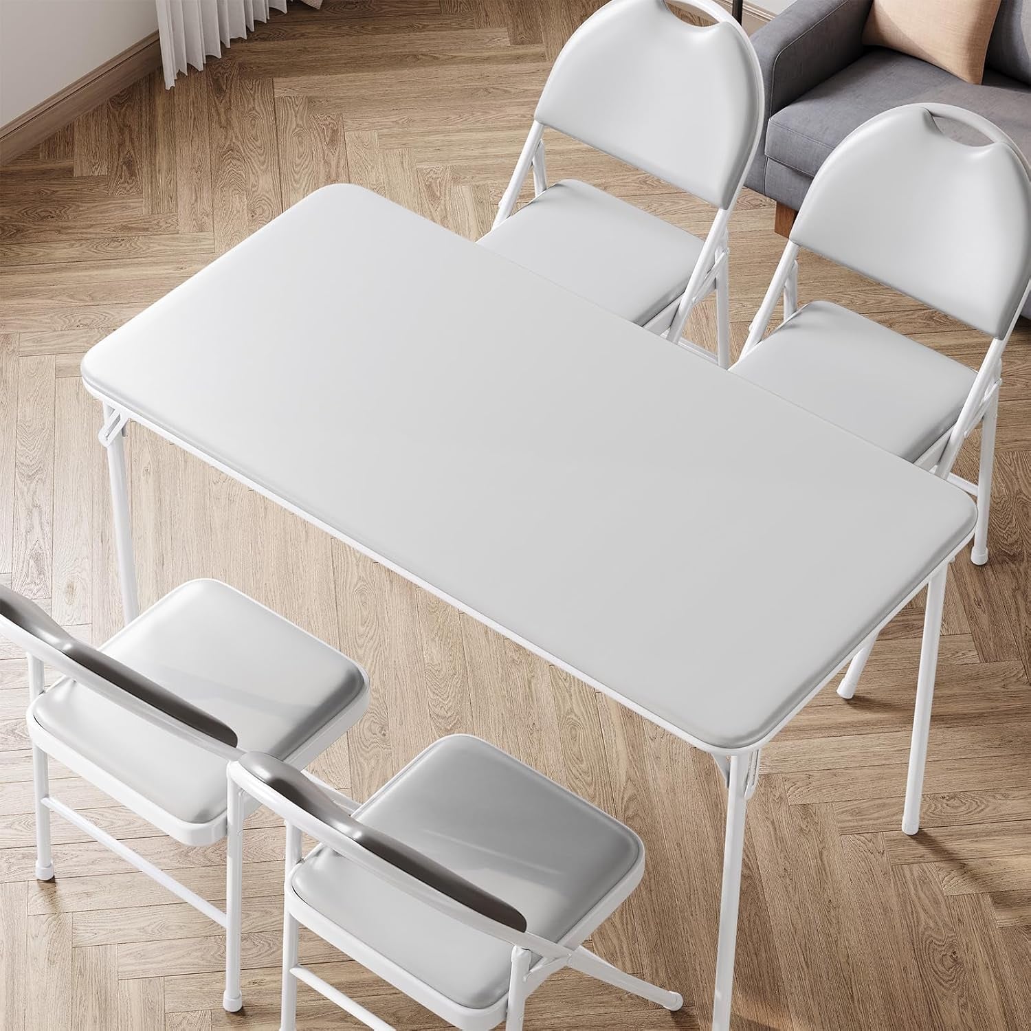 Protable Folding Table and Chairs, 5 Piece Folding Card Table and Chairs Set, Foldable PU Upholstered Table and Chairs Set of 5, for Dining Room, Living Room, Office, Camping, Gray