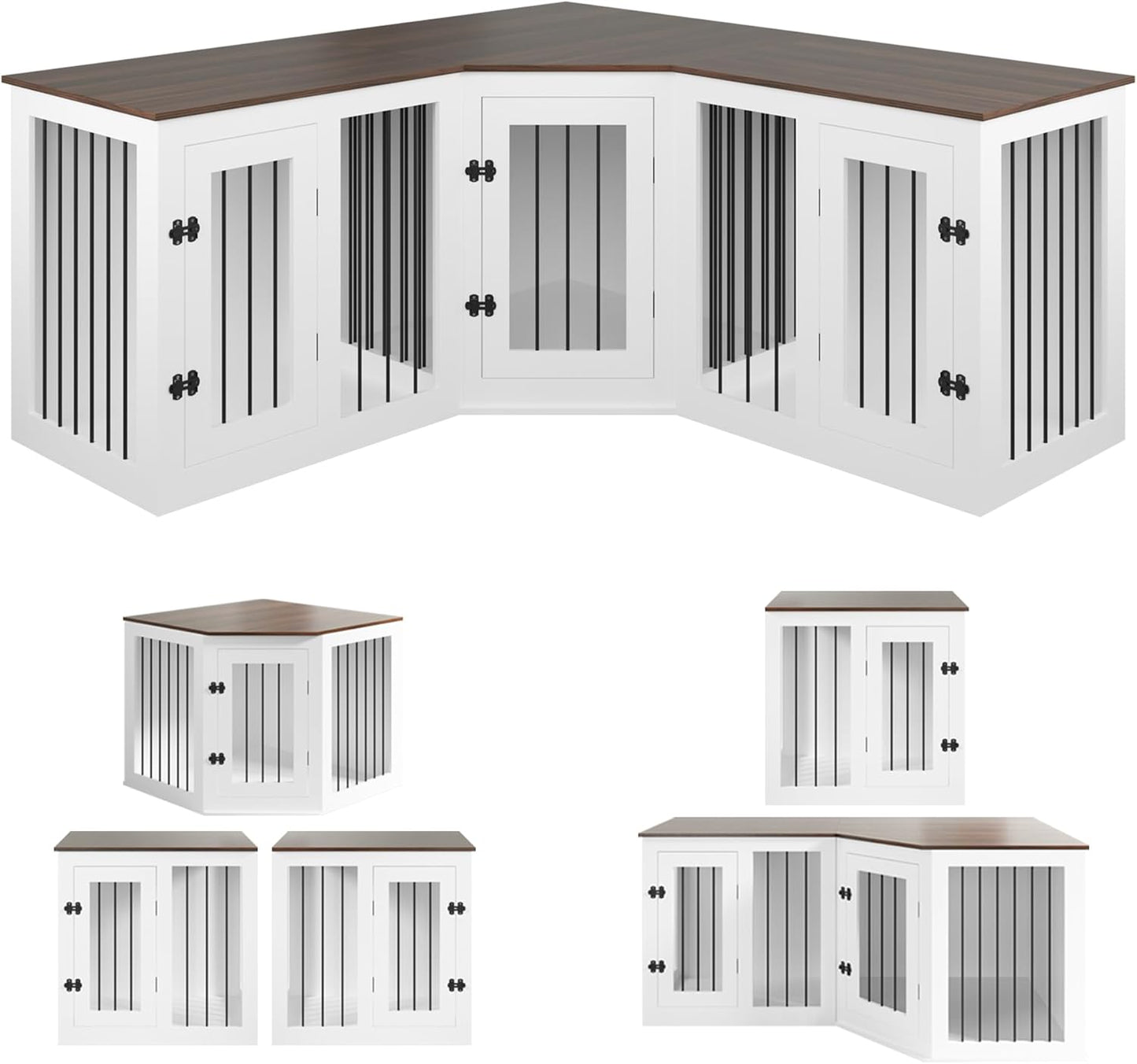 Large Dog Crate Furniture for 3 Dogs, 113'' Corner Dog Crate with Divider, 3 in 1 Heavy Duty Indoor Wooden Dog Kennel Furniture for Small Medium Large Dogs, White