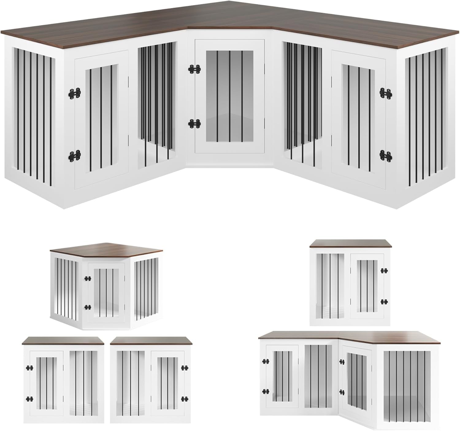 Large Dog Crate Furniture for 3 Dogs, 113'' Corner Dog Crate with Divider, 3 in 1 Heavy Duty Indoor Wooden Dog Kennel Furniture for Small Medium Large Dogs, White
