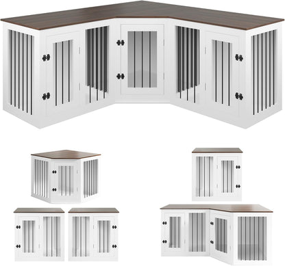 Large Dog Crate Furniture for 3 Dogs, 113'' Corner Dog Crate with Divider, 3 in 1 Heavy Duty Indoor Wooden Dog Kennel Furniture for Small Medium Large Dogs, White