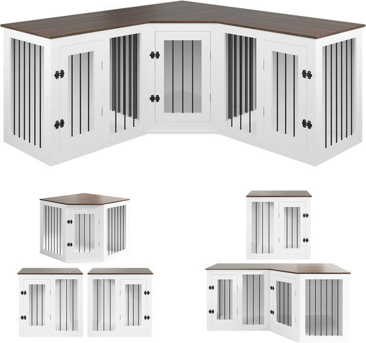 Large Dog Crate Furniture for 3 Dogs, 113'' Corner Dog Crate with Divider, 3 in 1 Heavy Duty Indoor Wooden Dog Kennel Furniture for Small Medium Large Dogs, White