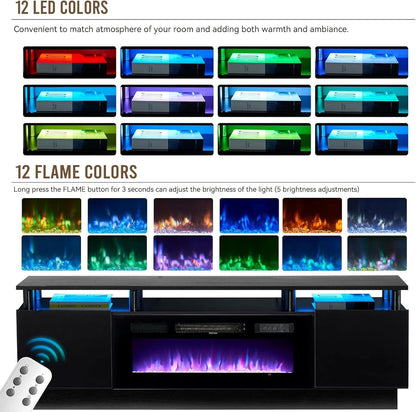2 Tier TV Console Stand with 36" Electric Fireplace, LED Light Entertainment Center for Tvs up to 80" for the Living Room, 70", Black