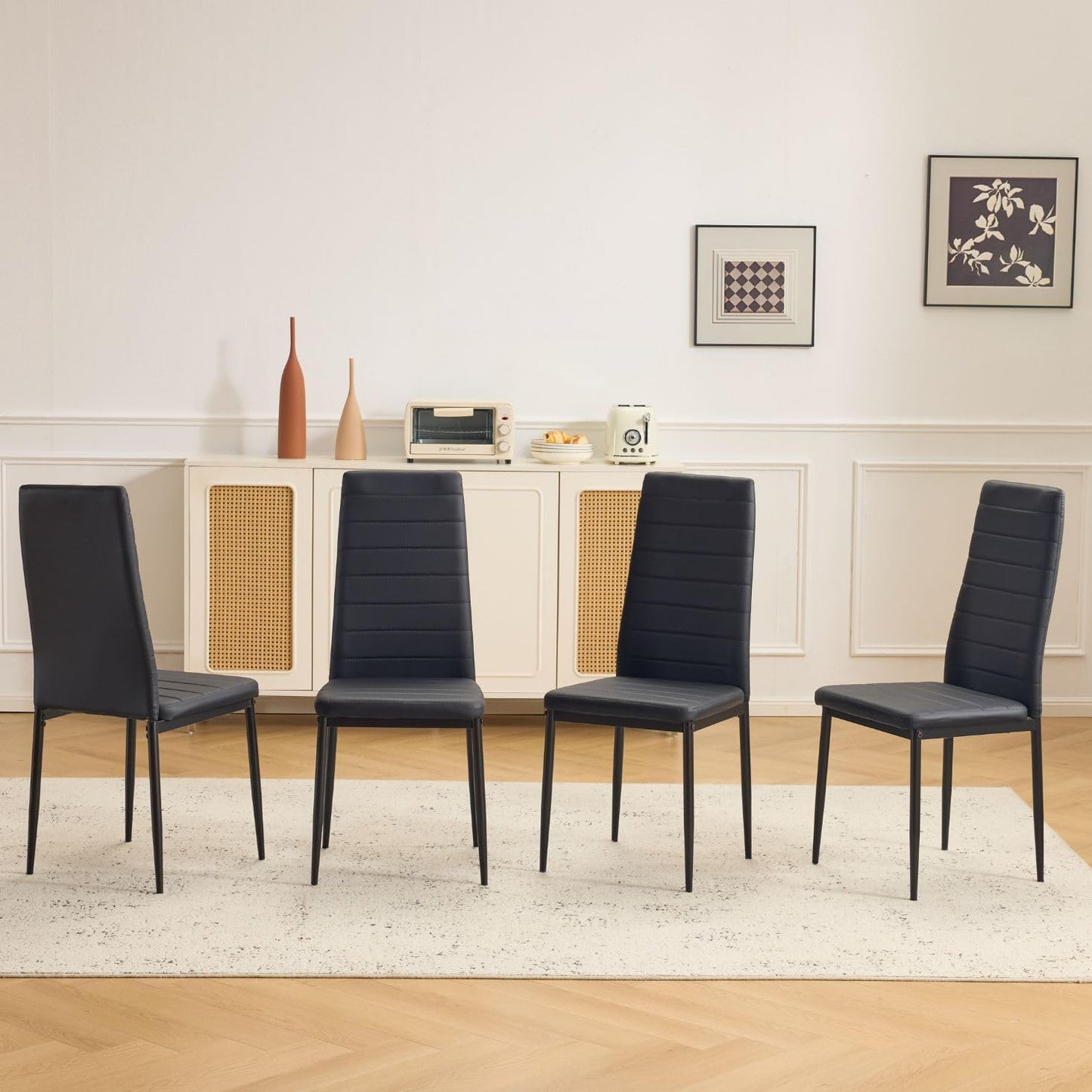 Dining Chairs Set of 4, PU Leather Balck Kitchen Chairs with Padded High Back & Foot Cap Protection for Dining Kitchen Living Room,300Lbs Capacity,Space-Saving