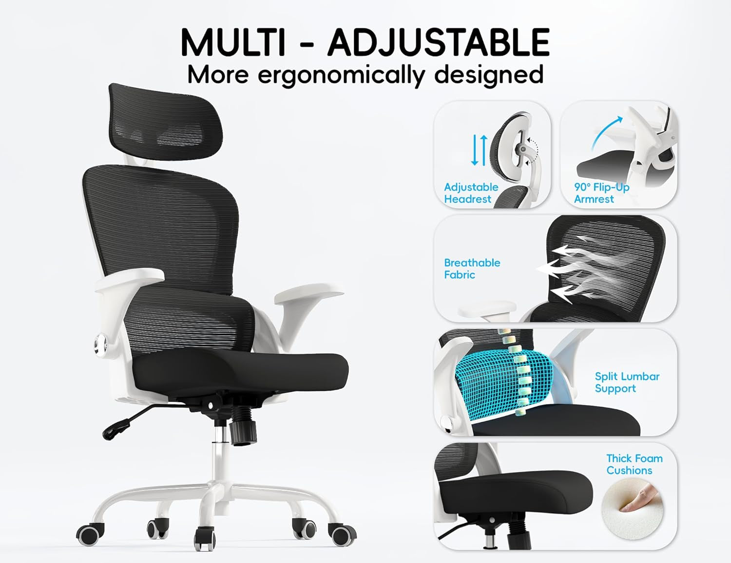 Office Chair - Ergonomic Office Chair with Back Support, Computer Chair - Home Office Desk Chairs, 330Lbs Wide Seat Big and Tall Office Chairs with Headrest, Comfy Desk Chairs (White Black)