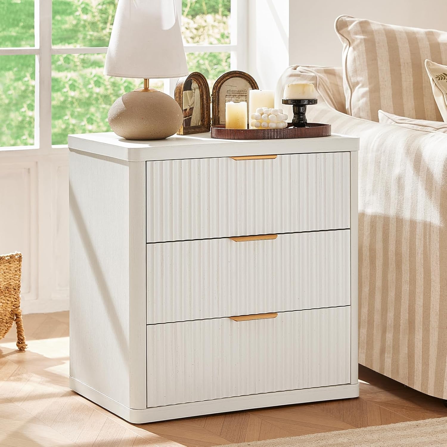 23" Wide Fluted Farmhouse Night Stand Set of 2 with Charging Station, 3 Drawers Large End Table W/Metal Handle,White Nightstand Bedside Table,Wood Dresser for Bedroom, Closet