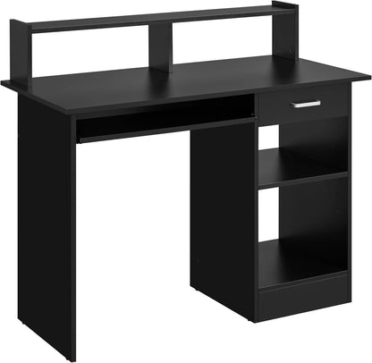 Home Office Wood Computer Desk with Drawers and Pull-Out Keyboard Tray, Study Writing Desk PC Laptop Table with Hutch and Storage Shelves, Modern Workstation, Black