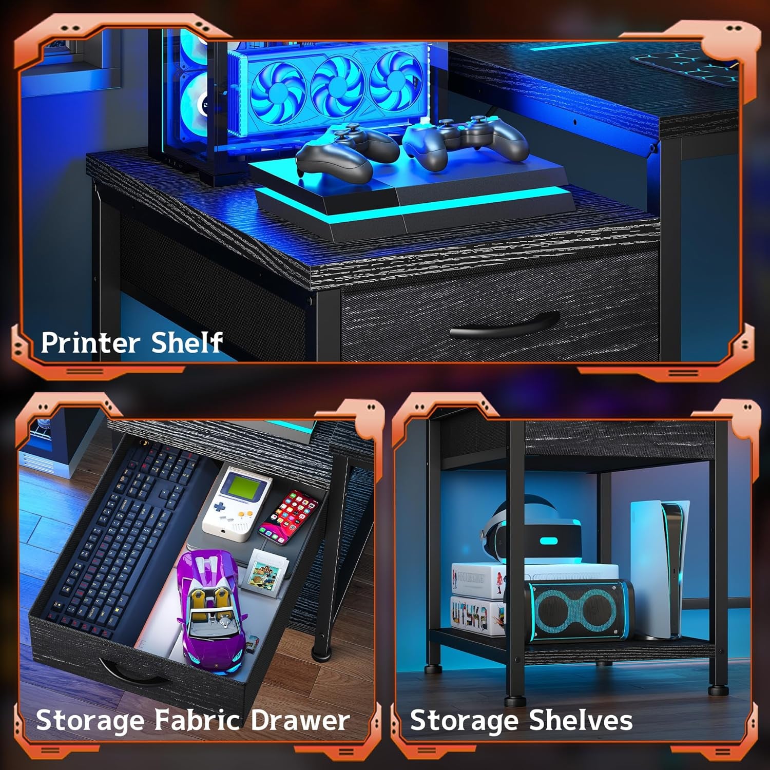 56 Inch Gaming Desk with Drawers and Shelf,Reversible Computer Desk with LED Lights and Power Outlets,Study Table with Hooks for Headphone,Bags,Black Desk Work Desk for Bedroom,Dorm