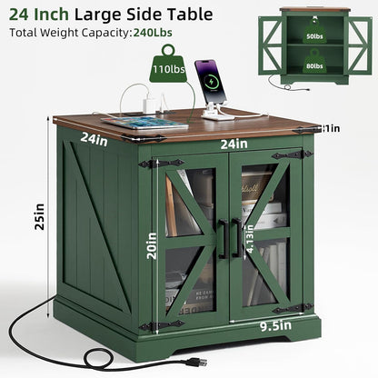 24" End Table with Charging Station, Farmhouse Night Stand with Glass Barn Door, Green Nightstands with Adjustable Storage Shelf, Large Wood Square Bed Side Table for Living Room, Bedroom
