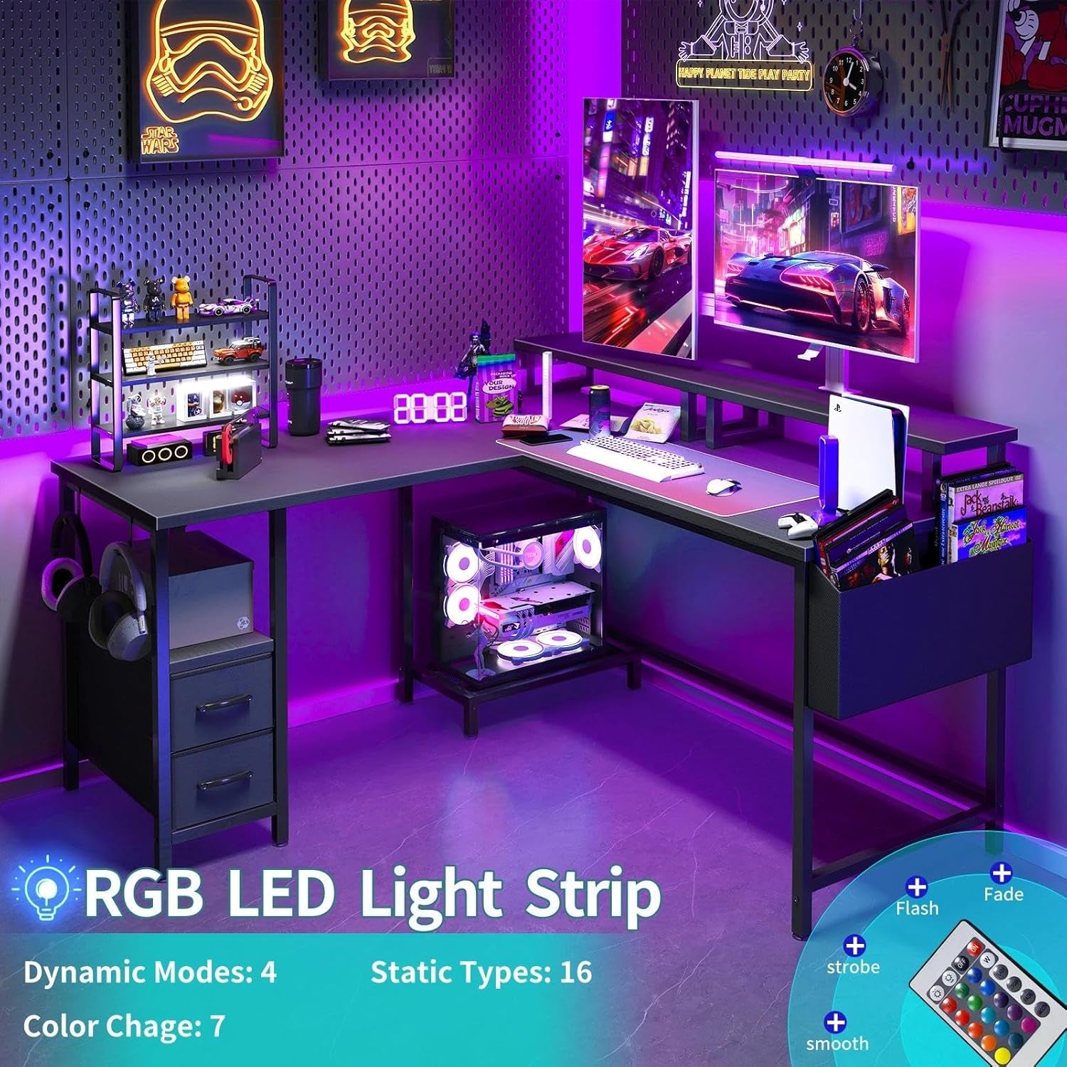 L Shaped Gaming Desk with Led Lights and Power Outlets, 48 Inch Corner Home Office Desk with Monitor Stand Shelves, Writing Study Computer Desks with Fabric Drawers for Bedroom, Black