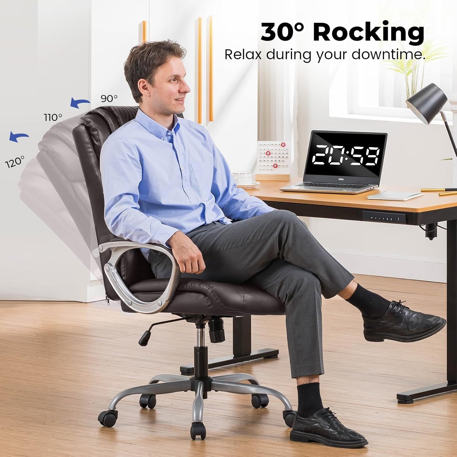 Ergonomic Office Chair Wheels Home Office Desk Chairs Comfy Back Support PU Leather Executive Office Chair with Headrest Padded Armrests Height Adjustable Tilt Swivel Rolling Reclining Seat