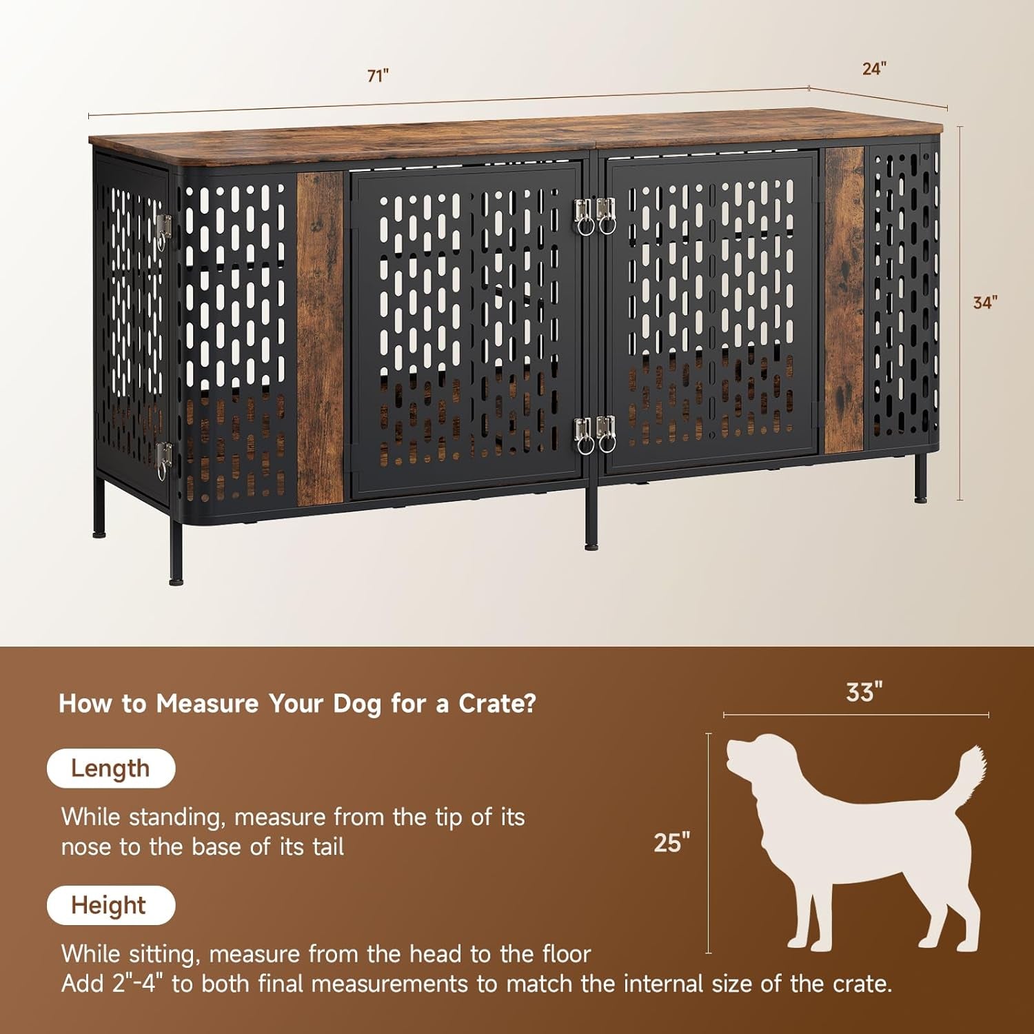 71" Dog Crate Furniture for 2 Dogs, Indoor Heavy Duty Dog Crate with Removable Divider and 4 Doors, Escape Proof Pet Cage, XXL Thicken Wooden Kennel TV Stand for Medium Large Dogs,Brown