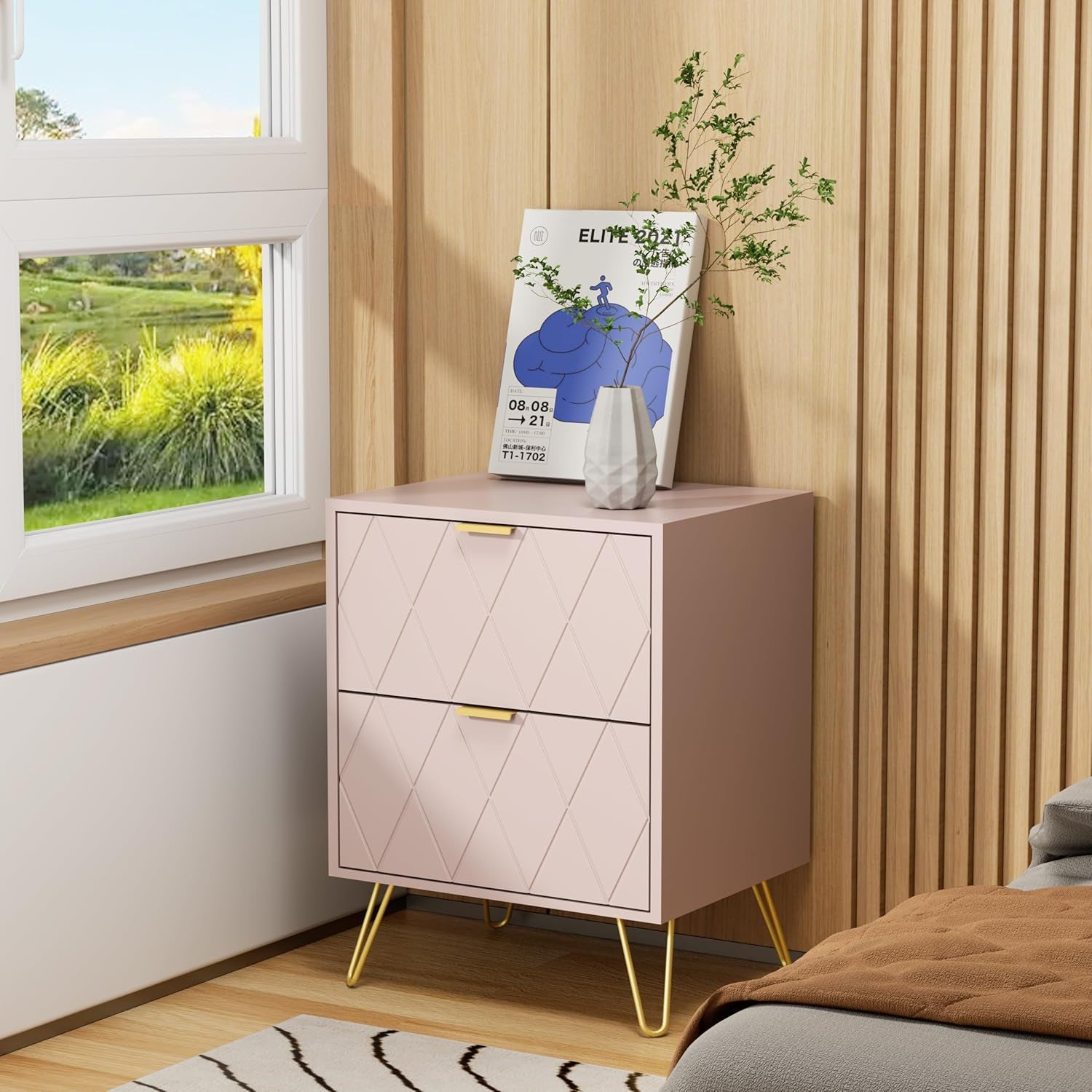 Pink 9 Drawer Dresser and Night Stand Sets for Bedroom, Two Drawers Nightstand Set of 2 & 9 Drawer Dresser Combo 3 Pieces (Pink)