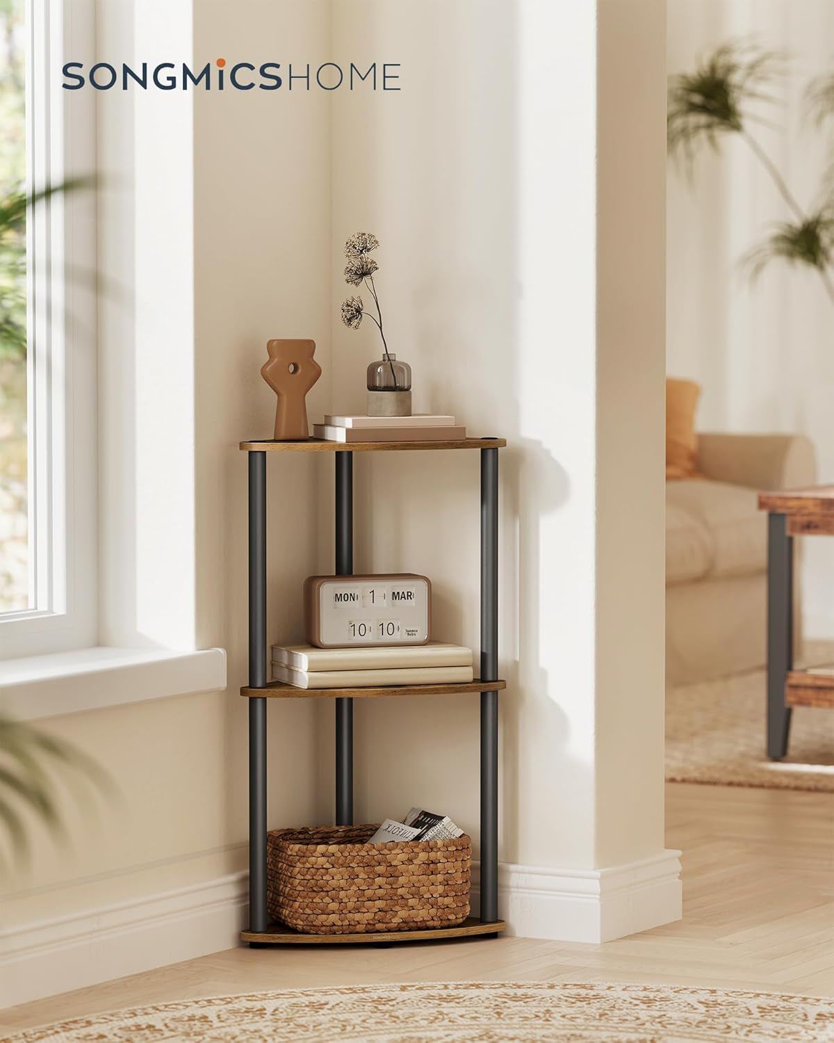 Superfast Toolless Assembly, Corner Shelf Stand, 3-Tier Corner Standing Shelf, Living Room, Bedroom, Kitchen, 15 X 10.6 X 27.8 Inches, Rustic Brown ULBC620K01