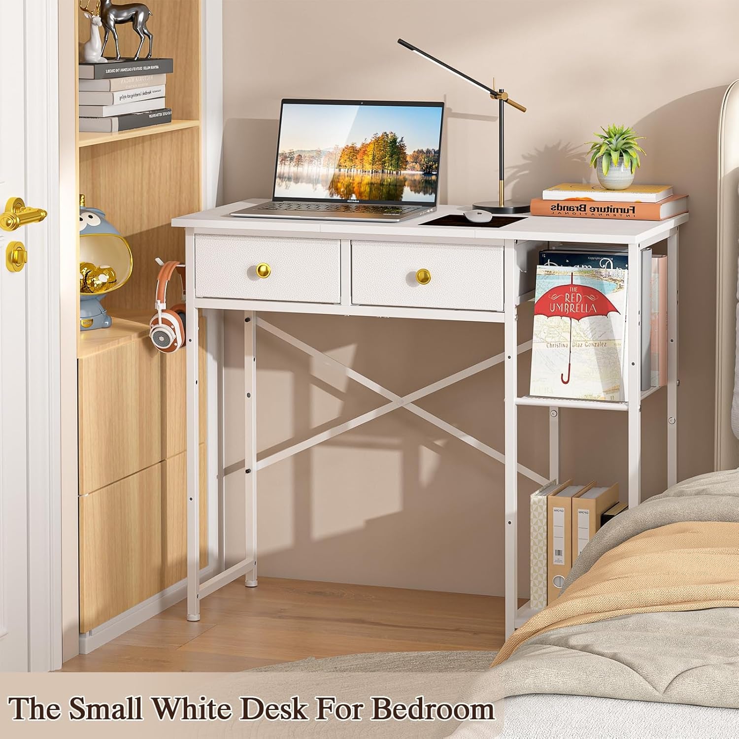 White Computer Desk, 36 Inch Small Desk with Drawers, Home Office Desk with Storage Shelves for Bedroom, Living Room, Dorm, Vanity Desk for Small Spaces, White