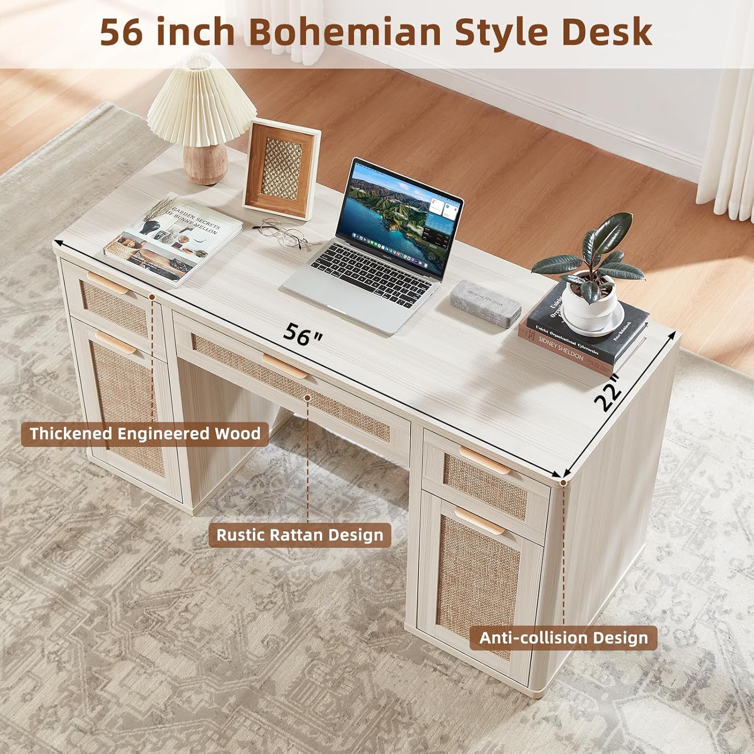 56'' Rattan Farmhouse Executive Desk with Drawers, Wood Home Office Desk with File Cabinet and Metal Handles, Large Vintage Computer Desk for Home, Bedroom, Living Room （Grey）