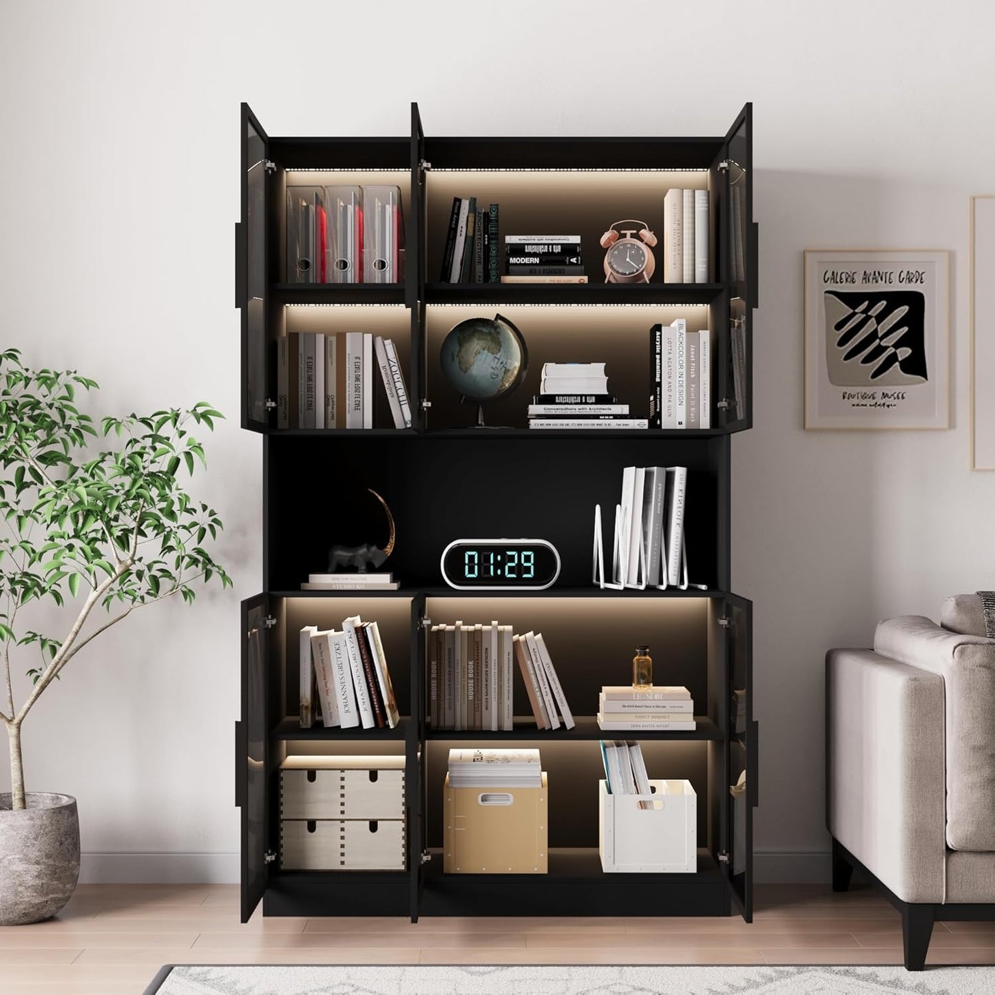 78.7" H Display Cabinet with 6 Glass Doors and Lights, Storage Cabinets Modern Bookcase with Hutch for Collectible, Display Case Trophy Case, Black