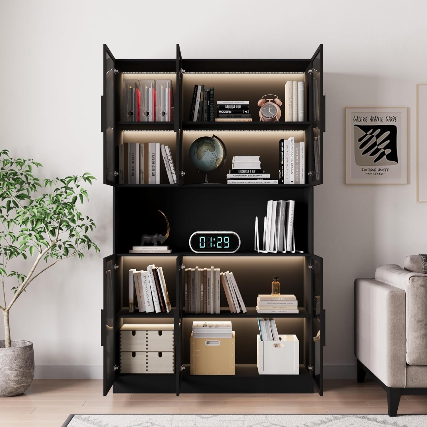 78.7" H Display Cabinet with 6 Glass Doors and Lights, Storage Cabinets Modern Bookcase with Hutch for Collectible, Display Case Trophy Case, Black