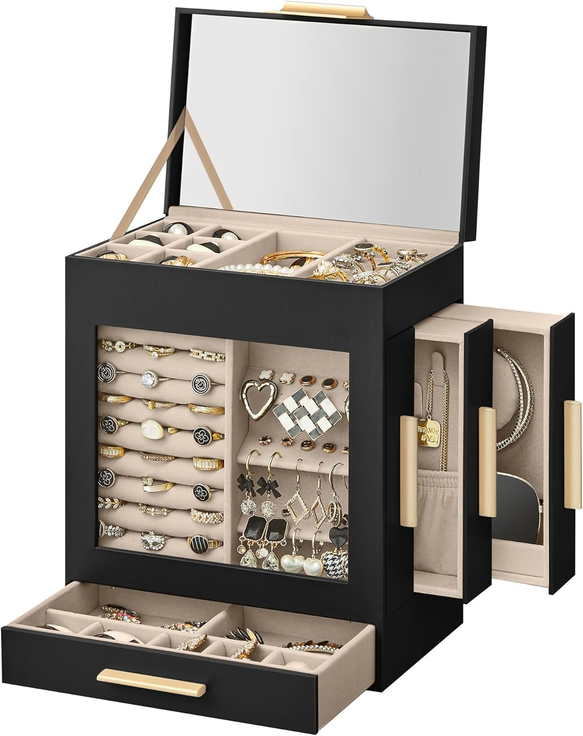 Jewelry Box with Glass Window, 5-Layer Jewelry Organizer with 3 Side Drawers, Jewelry Storage, with Big Mirror, Modern, 6.1 X 10.3 X 12.6 Inches, Cloud White and Metallic Gold UJBC162W01