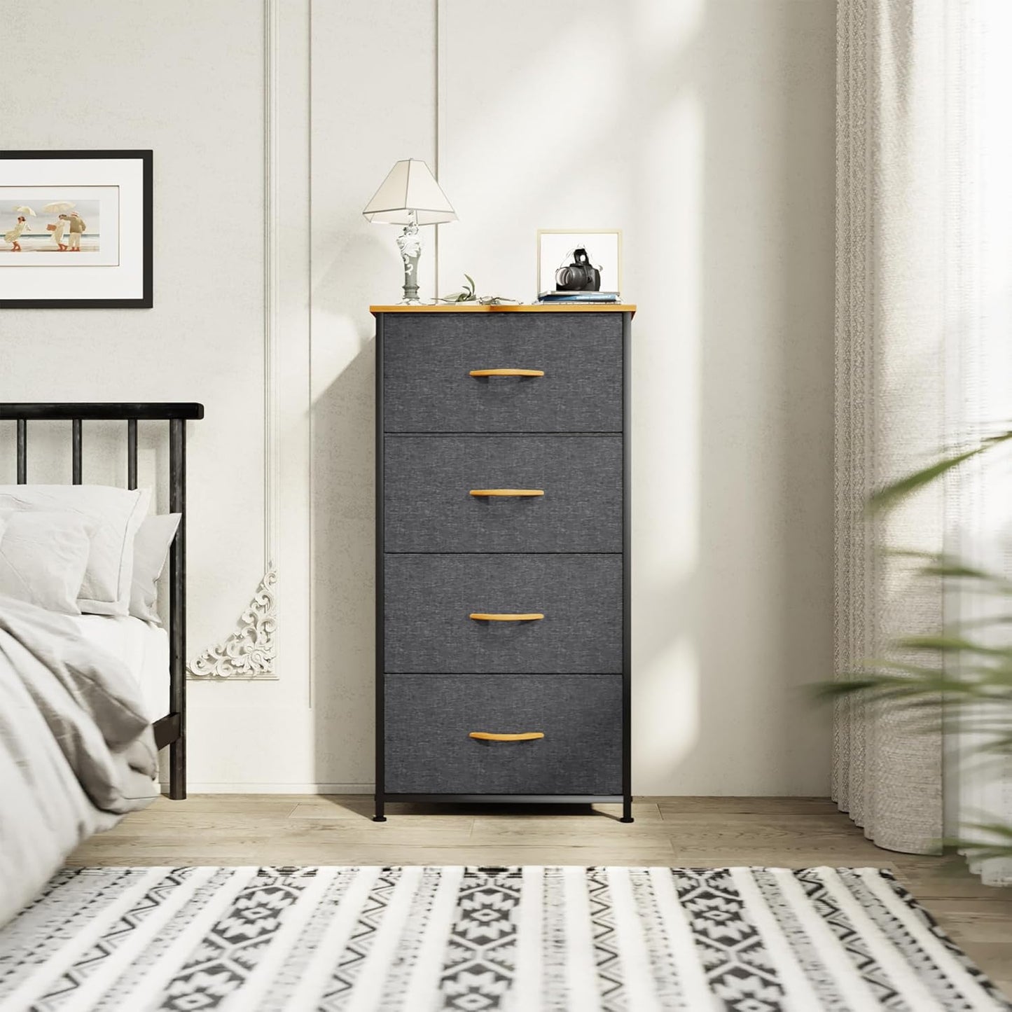 Dresser with 4 Drawers - Fabric Storage Tower, Organizer Unit for Bedroom, Living Room, Hallway, Closets - Sturdy Steel Frame, Wooden Top & Easy Pull Fabric Bins