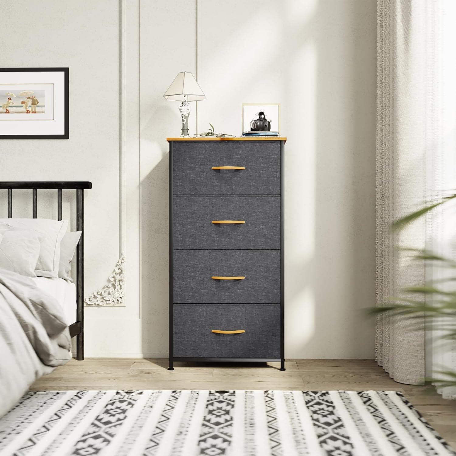 Dresser with 4 Drawers - Fabric Storage Tower, Organizer Unit for Bedroom, Living Room, Hallway, Closets - Sturdy Steel Frame, Wooden Top & Easy Pull Fabric Bins