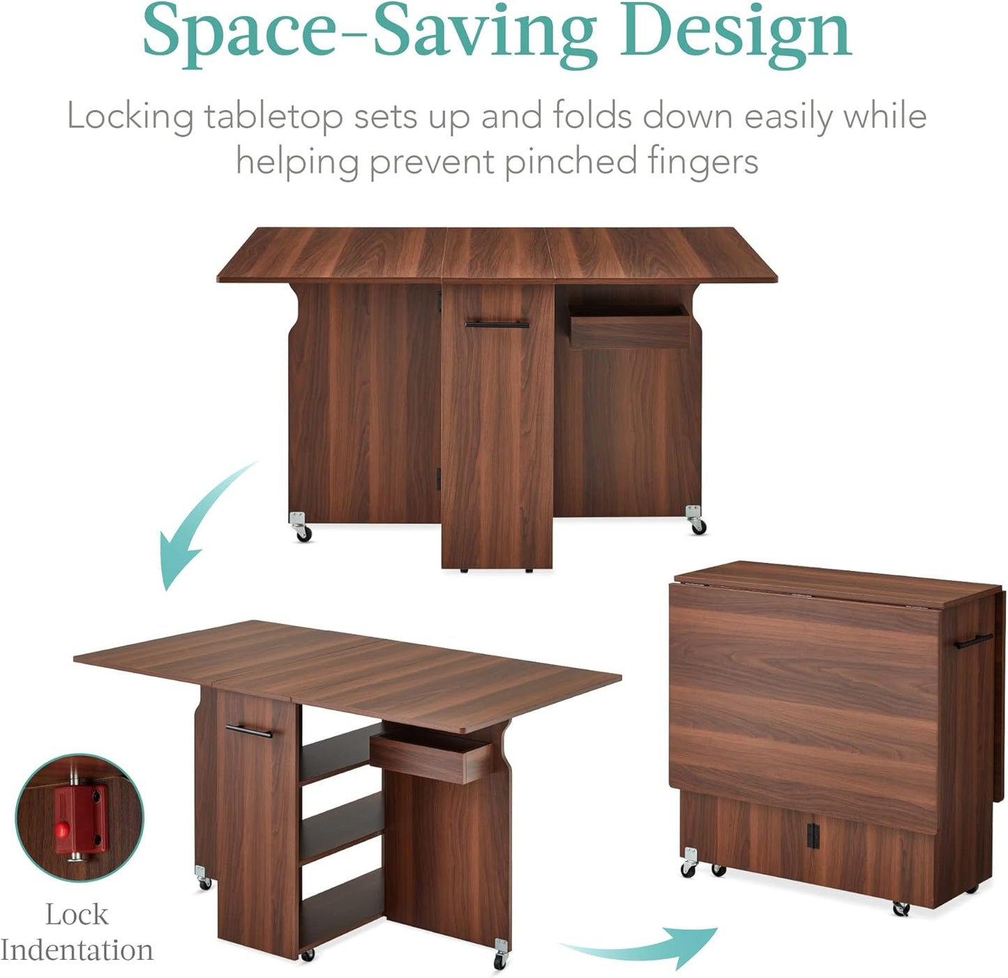 Folding Dining Table, Multipurpose Space Saving Collapsible Drop Leaf Extension Desk W/Wheels, 3 Storage Shelves - Brown