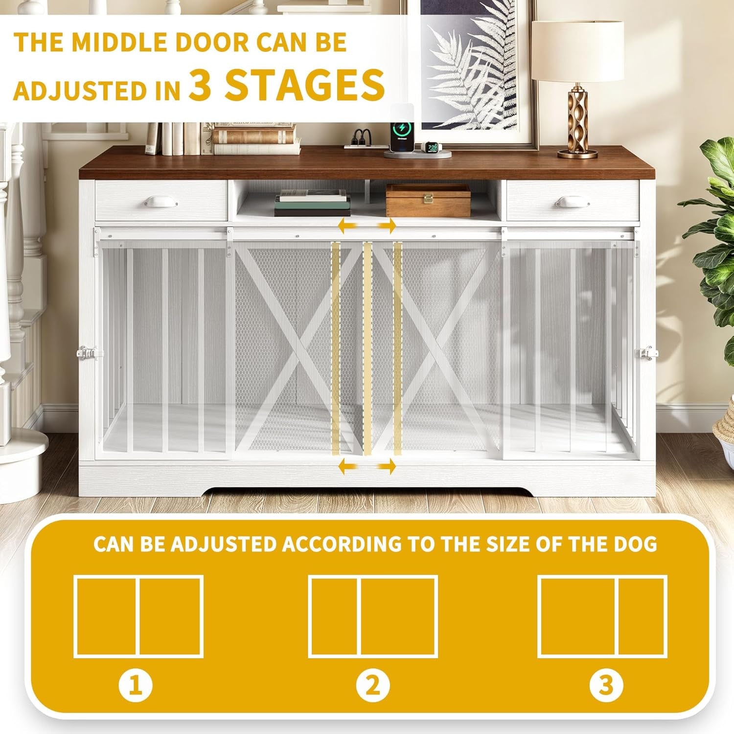63 Inch Double Dog Crate Furniture for 2 Dogs, Heavy Duty Wooden Dog Crate TV Stand with Charging Station, Dog Kennel Indoor Furniture Double Sliding Barn Door Design Ideal for 2 Dogs, White